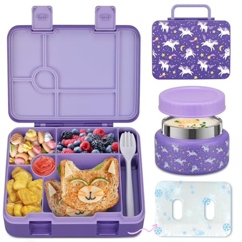 Bento Lunch Box Kids and 9oz Soup Thermos – 5.5-Cup Leakproof Kids Bento Box with Ice Pack & 9oz Insulated Food Jar – Hot & Cold Food Lunch Container for Boy Girl School, Purple Set - color: Purple Set