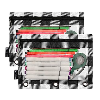 Fisyme White and Black Buffalo Plaid Pencil Pouch for 3 Ring Binder Pencil Case Pencil Bag Zipper Pouch with Clear Window for Office Supply 2 Pack - color: Multi-19