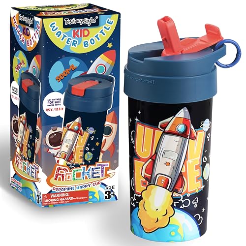 17oz Rocket Kids Water Bottle, Toddler Spout Cover and Carry Handle Design Lid Leak Proof BPA free Cup for Boys Ages 3+ Dishwasher Safe for Sports School Travel with Silicon Straw