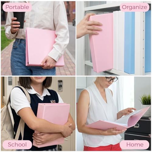 SKYDUE 3 Ring Binders, 1.5 Inch D-Ring, Pink | Holds 450 Sheets of 8.5x11 Paper, Custom View Cover with 2 Interior Storage Pockets, School & Office Supplies - color: Pink