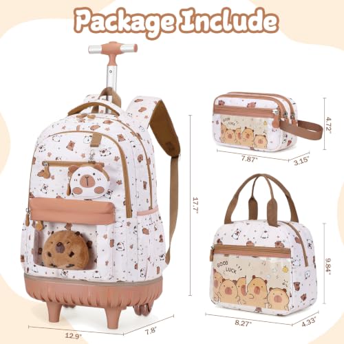Capybara Theme Rolling Backpack with Lunch Bag & Pencil Case, Kids Rolling Backpack for Girls, Wheeled School Bookbag with Telescoping Handle for Kindergarten Elementary Middle High School - color: Beige