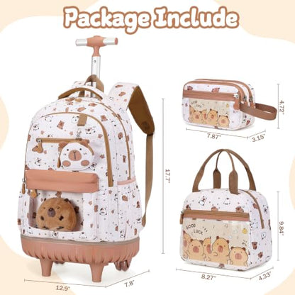 Capybara Theme Rolling Backpack with Lunch Bag & Pencil Case, Kids Rolling Backpack for Girls, Wheeled School Bookbag with Telescoping Handle for Kindergarten Elementary Middle High School - color: Beige