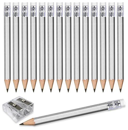Adhere 25pcs Golf Pencils with eraser Hexagon Wooden Pencils Graphite 2B for Golf Event Scoring,Classroom,Wedding,Company Meetings,Pew, Pocket (Silver) - color: Silver