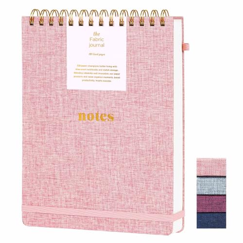 B5 Top Spiral Notebook, Fabric Hardcover Steno Pads | College Ruled Journal, Elastic Band & Pen Holder, 100GSM Paper, 192 Lined Pages for School, Travel, Daily Writing (Pink) - color: Pink, size: B5-Steno Pads-192pages