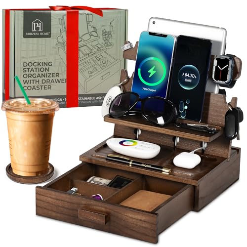 Wood Phone Docking Station for up to 3 Phones - Nightstand Organizer with Drawer for Valuables for Men & Women, Compatible with Apple Watch, Holds Phones, Tablets, Keys, Rings, Glasses, Watches & EDC - color: Brown, size: Standard Drawer, For Apple Watch