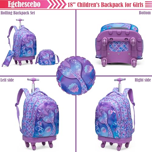 Kids Rolling Backpack for Girls Mermaids Suitcases Trolley Roller Luggage Backpacks with 360° Rotating Wheels 15" Laptop Lunch Box Pencil Case for Elementary 18" Travel School Bag Purple - color: Purple-yuwei-1220