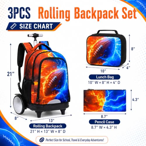 gxtvo Large Wheels & Quiet Glide | Rolling Backpack for Kids - Water-Resistant Wheeled Bag with Lunch Box for School, Travel & Outings - Fire & Lightning Rugby - color: Rolling Backpack Fire Lightning Rugby