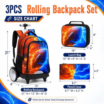 AGSDON Quiet Rolling Backpack with Lunch Box Set – Large‑Wheel Water‑Resistant Wheeled Bag for School, Outings, and Travel | Fire-Lightning Rugby 3‑Piece Organizer Backpack - color: Big Wheel Rolling Backpack Fire-lightning Rugby