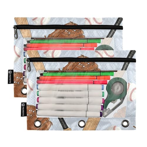 Baseball Pencil Pouches for 3 Ring Binder, Zipper Binder Pencil Case, 2 Pack Clear Window Case Bag for Office Organizers - color: Baseball