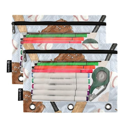 Baseball Pencil Pouches for 3 Ring Binder, Zipper Binder Pencil Case, 2 Pack Clear Window Case Bag for Office Organizers - color: Baseball