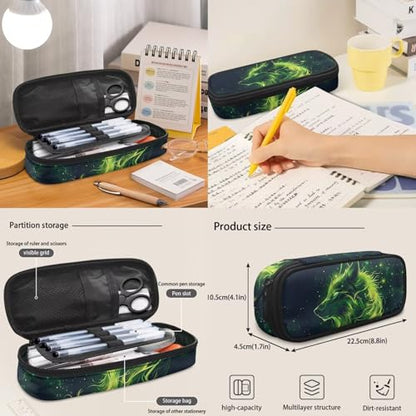 17 Inch Kid's 4PCS Backpack Set, Back to School Essentials | Insulated lunch box, water bottle pouch, pencil case, lightweight, padded shoulder straps, for elementary, middle school - color: Green Wolf