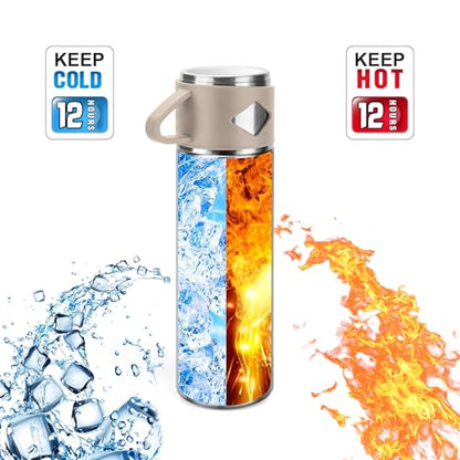 Stainless Steel Thermo 700ml/23.7oz Vacuum Insulated Bottle with Cup for Coffee Hot drink and Cold drink water flask.(Brown,Set) - color: Brown (Set), size: 23.7 Ounces