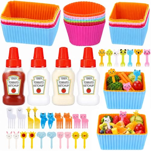 Set of 49 Lunch Box Accessories, Includes 18 Silicone Lunch Box Dividers Cupcake Liners, 4 Mini Ketchup Bottle Condiment Squeeze Bottles Sauce Containers for Bento Box, 27 Food Picks Fruit Toothpicks