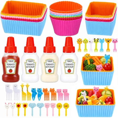 Set of 49 Lunch Box Accessories, Includes 18 Silicone Lunch Box Dividers Cupcake Liners, 4 Mini Ketchup Bottle Condiment Squeeze Bottles Sauce Containers for Bento Box, 27 Food Picks Fruit Toothpicks