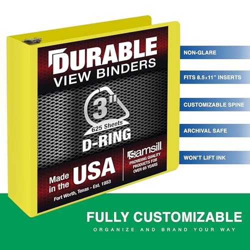 Samsill Durable 3 Inch Binder, D Ring Binder, Customizable Clear View Cover, Lemon Yellow, Holds 625 Pages - color: Yellow, size: 3 Inch