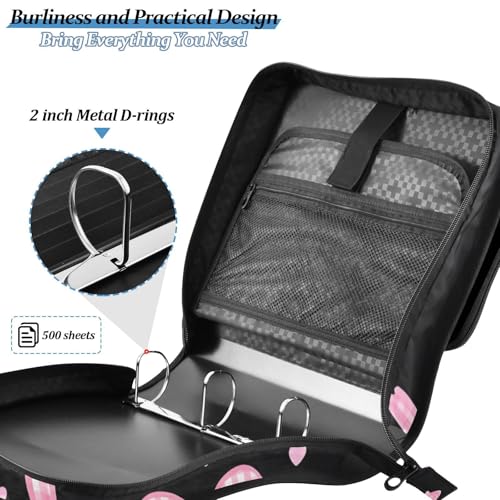 3 Ring Zipper Binder with Shoulder Strap Pink Bow Heart 2 Inch Zippered Binder Bag 500 Sheet Capacity Multi Pockets for School Supplies - color: Multi25