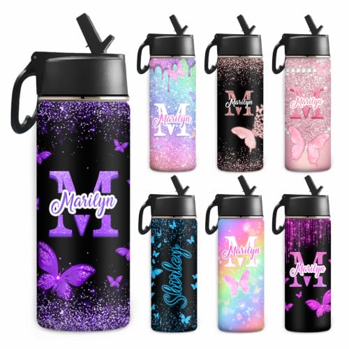 MyPupSocks Personalized Kids Water Bottle for School, Custom Stainless Steel Water Bottle with Names for Boys Girls, 18oz Butterfly Insulated Water Bottle for Kids with Straw Lid - color: Color 92