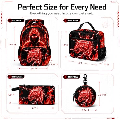 Game Backpack Set for Boys Kids, Gaming Kids Boys Backpack with Lunch Box, Pencil Bag and Coin Purse. Game School Bag 17" (Red) - color: Red-2