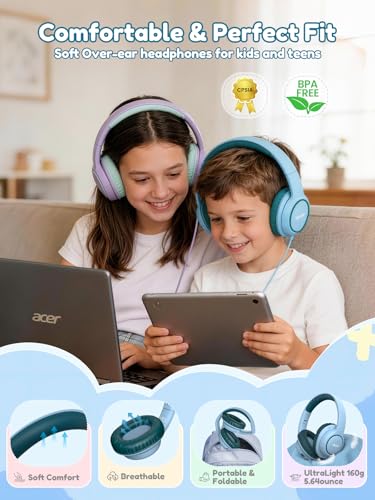 Acer Kids Headphones Wired for School - Over Ear Design, 85/94dB Safe Volume Limit, 3.5mm Jack Foldable Headphones for Toddler Boys Girls Classroom Yoto Player Chromebook Travel Green - color: Green