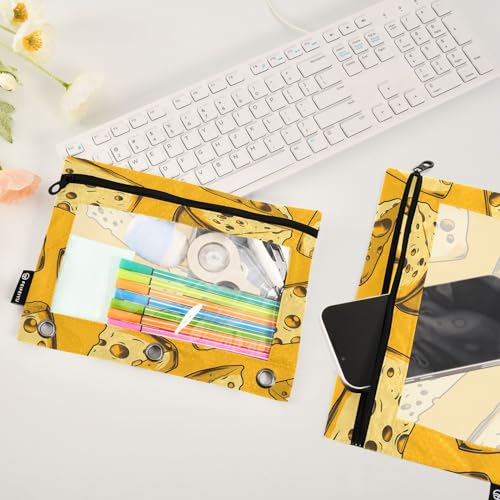 SUABO Cheese Color Pattern Pencil Pouch for 3 Ring Binder, 2 PCS Binder Pencil Pouch with Zipper, Clear Window Zipper Pencil Case Pencil Bags for Office Supplies - color: Cheese