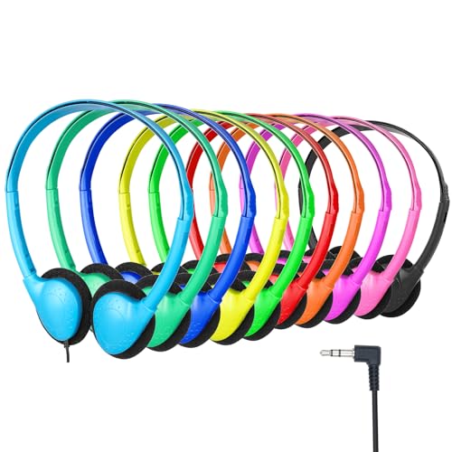 Classroom Headphones Bulk 10 Pack, Wired 3.5mm Jack, Mixed Colors | School Headphones for Kids Students Teens Adults. On Ear Headphones for Laptop Chromebook. Testing Online Learning