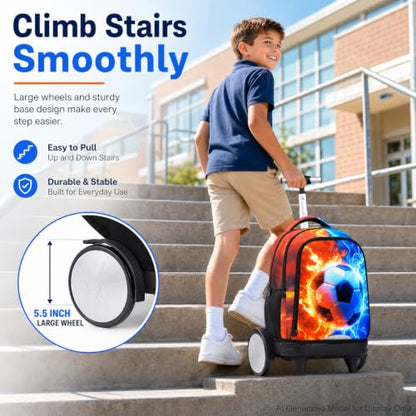 gxtvo Large Wheels & Quiet Glide | Rolling Backpack for Kids - Water-Resistant Wheeled Bag with Lunch Box for School, Travel & Outings - Fire & Lightning Soccer - color: Rolling Backpack Fire Lightning Soccer