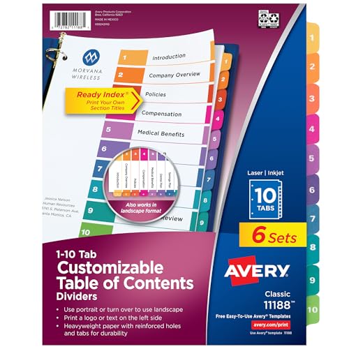 Avery® 10 Tab Dividers for 3 Ring Binders, Customizable Table of Contents, Multicolor Tabs, 6 Sets (11188) - size: 10 tabs