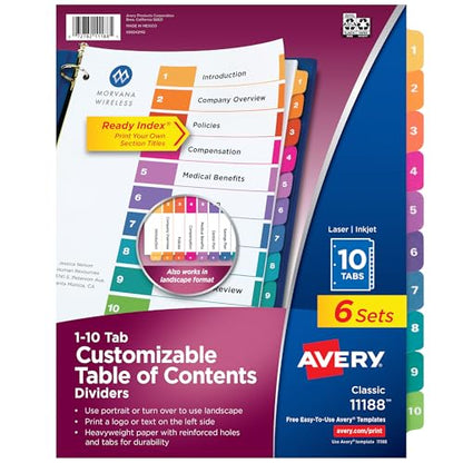 Avery® 10 Tab Dividers for 3 Ring Binders, Customizable Table of Contents, Multicolor Tabs, 6 Sets (11188) - size: 10 tabs