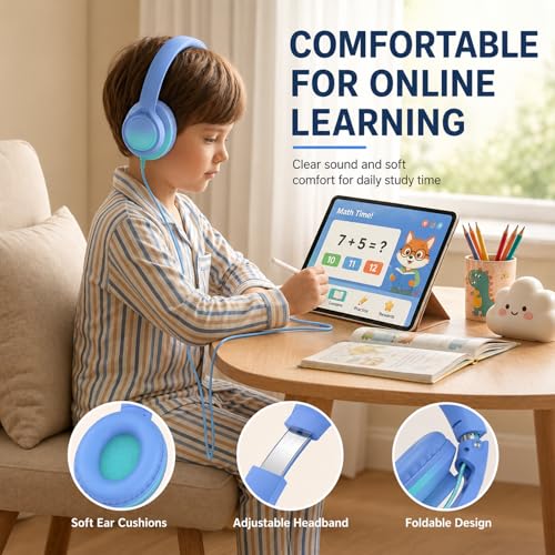 Kids Wired Over-Ear Headphones with Microphone, 3.5mm Jack with USB-C Adapter, Comfortable Headset for Online Learning, School, Tablet, Phone – Gradient Blue & Teal - color: Sky Blue