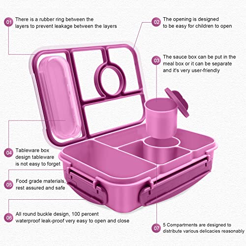 Amathley Bento Box Adult Lunch Box Kids,Lunch Containers for Adults/Kids/Toddler,5 Compartments Bento Lunch Box with Sauce Vontainers,Microwave & Dishwasher & Freezer Safe,BPA-Free (Purple) - color: Purple