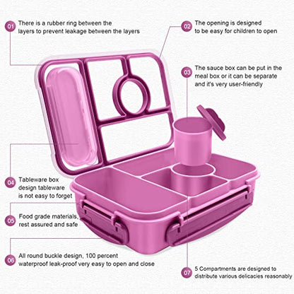 Amathley Bento Box Adult Lunch Box Kids,Lunch Containers for Adults/Kids/Toddler,5 Compartments Bento Lunch Box with Sauce Vontainers,Microwave & Dishwasher & Freezer Safe,BPA-Free (Purple) - color: Purple
