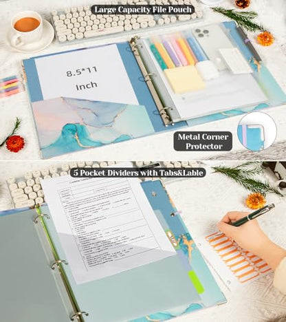 3 Ring 1 Inch Binder Organizer, KLLVE Three Ring Binders with Clipboard, 5-Tabs Pockets Dividers, Plastic Folder, 18 Divider Stikers,Pen Loop (Blue Marble, Letter Size) - color: Blue Marble, size: 1in（Letter Size）