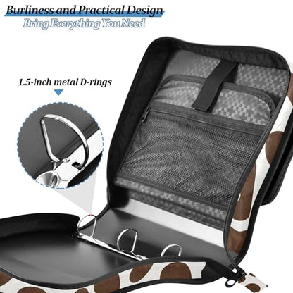 Brown Cow Print Zipper Binder 3 Ring with Shoulder Strap, Multiple Pockets Expanding File Folder Binder Bag Organizer