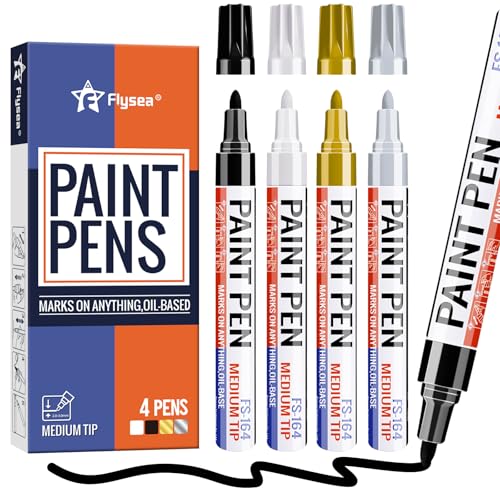 Paint Pens - 4 Colors Permanent Oil-based Paint Markers, Waterproof & Quick Drying 2-3mm Medium Tip Marker Pen for Rock Painting, Tires, Wood, Plastic, Canvas, Mugs, Stone - color: White/Black/Gold/Silver