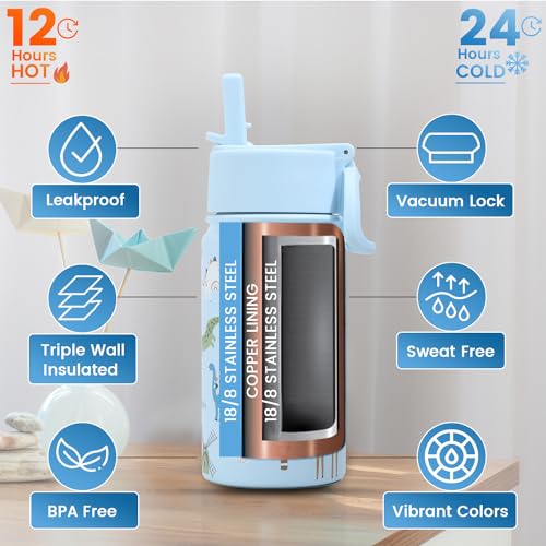 Lexlion Water Bottle 14 Oz, Triple Walled Insulated Stainless Steel Odor & Strain Resistant Reusable Bottle, 1 straw Lid, Leakproof, Metal Mug Gallon, BPA Free, Blue Zoo - color: Blue, size: 14 Ounces