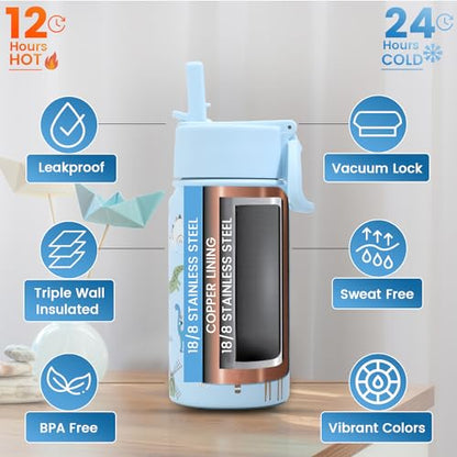 Lexlion Water Bottle 14 Oz, Triple Walled Insulated Stainless Steel Odor & Strain Resistant Reusable Bottle, 1 straw Lid, Leakproof, Metal Mug Gallon, BPA Free, Blue Zoo - color: Blue, size: 14 Ounces