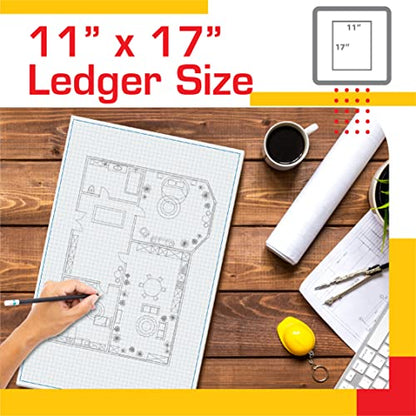 Graph Paper Pad, 17" x 11", 50 Sheets, Blue Line Border, Blueprint Paper, Double Sided, White, 4x4 Blue Quad Rule, Easy Tear Sheets, Grid Paper, Graph Paper by Better Office Products - size: 11 x 17-inch