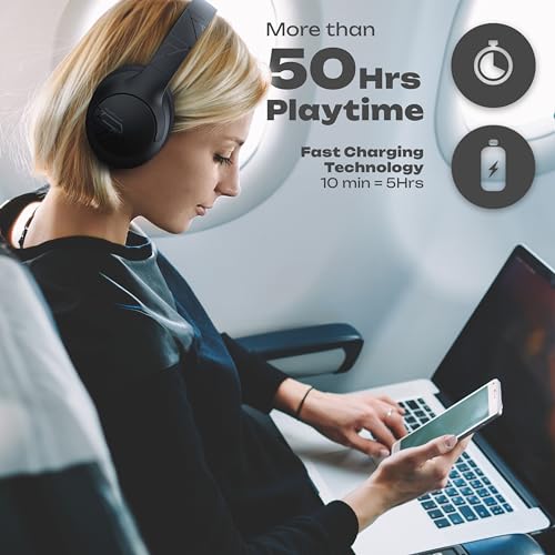 PowerLocus Bluetooth Headphones Over Ear, 50H Playtime with 4 EQ Modes Wireless Headphones with Microphone, HiFi Stereo Deep Bass, Soft Ear Cups, Foldable Lightweight Headset for Travel/Office/Workout - color: Black Line