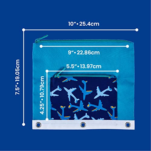 It's Academic Pencil Pouch for 3-Ring Binder, 2-Pockets with Zipper, for School Supplies, Large & Mini Pouch, Navy & Jets Design, 2-Pack - color: Blue/Green