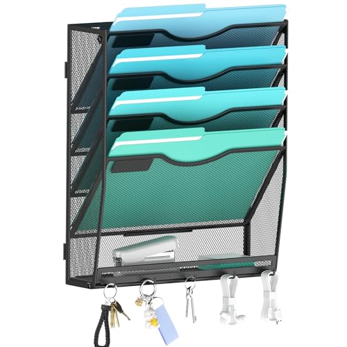 Gawerk 5-Tier Wall File Organizer Hanging Wall File Holder Wall Mount Paper Folder Organize, Mesh Magazine Document Mail Organizer for Office School Home, Black - color: Black, size: 4+1-T
