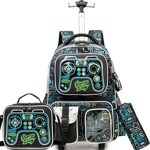 16inch Rolling Backpacks for Boys School Backpacks with Wheels for Elementary Preschool Students Kids Travel Luggage Suitase for Boys - color: Black Game