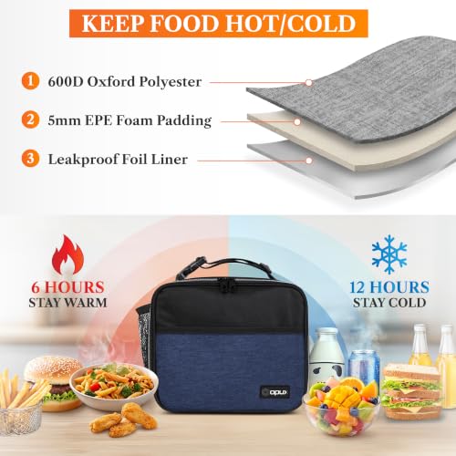 opux Insulated Lunch Bag for Kids, Reusable Lunch Box for School with Leakproof Lining, Compact Soft Cooler Tote for Boys & Girls, Front Pocket, Mesh Side Bottle Holder (Heather Navy) - color: Heather Navy