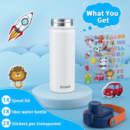 baab 18oz Kids Water Bottle, Insulated Kids Water Bottle with Lockable Spout Lid & Stickers, 18/8 Stainless Steel Vacuum Leakproof Kid Water Cup with Handle for Boy Girl & School (White, 1 Pack) - color: White, size: 18 Ounces
