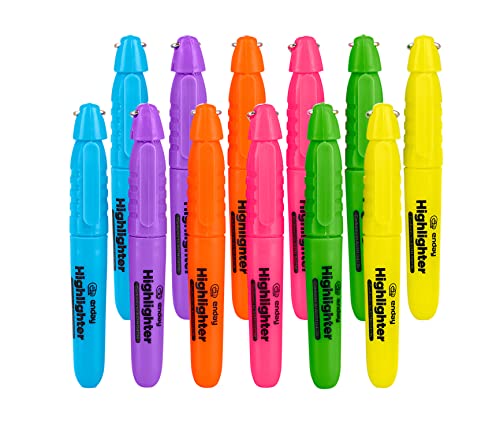 Emraw Mini Fluorescent Highlighter with Cap Clip. Smooth Glide Solid Gel Student Study Kit Assorted Colors, (12 Pack)