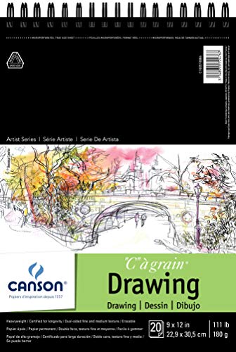 Canson Artist Series C à Grain Drawing Paper, Wirebound Pad, 9x12 inches, 20 Sheets (111lb/180g) - Artist Paper for Adults and Students - Charcoal, Colored Pencil, Ink, Pastel, Marker - size: 9x12, style: C à Grain® Drawing