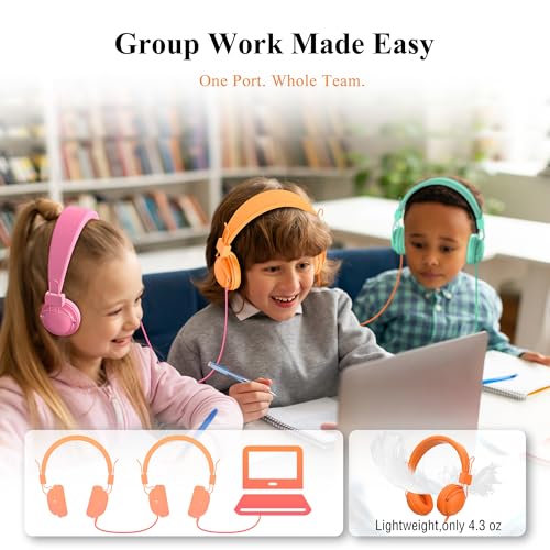 12-Pack Classroom Headphones for K-12 Schools, Bulk Wired 3.5mm Jack | 85dB Volume-Limited, Built-in Mic, Foldable Design, Tangle-Free Cable For Student Use, Rainbow Colors