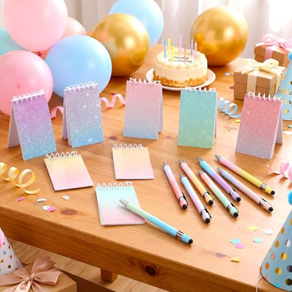 Sherr 16 Pcs Glitter Pens and Notebooks Set Mini Spiral Notepads Fancy Pens for Kids Girls Sparkly Sequins Journaling Ballpoint Birthday Gift Classroom Rewards (Dreamy Holographic Pastel,Candy Color) - color: Candy Color
