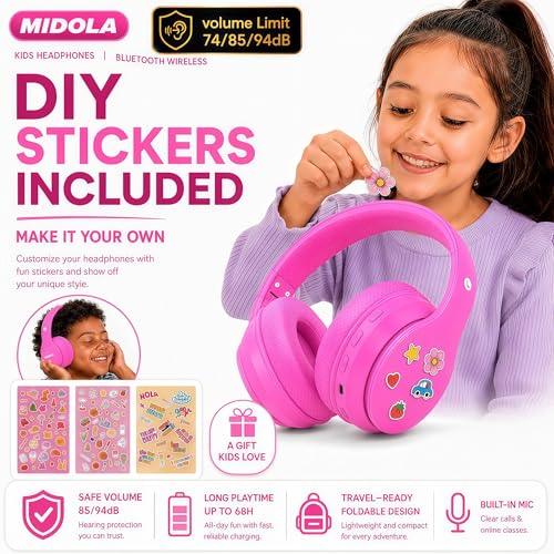 MIDOLA Kids Bluetooth Headphones 68H Play Time,Volume Limit 85/94dB, Foldable Lightweight Wireless Over-Ear Headphone for Kid Toddler Child Pad Tablet,Headsets with Built-in Mic Hot-Pink - color: Rose Pink