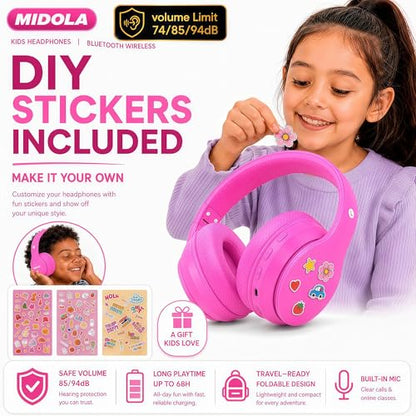 MIDOLA Kids Bluetooth Headphones 68H Play Time,Volume Limit 85/94dB, Foldable Lightweight Wireless Over-Ear Headphone for Kid Toddler Child Pad Tablet,Headsets with Built-in Mic Hot-Pink - color: Rose Pink