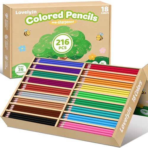 216 Count Colored Pencils Bulk, Pre-sharpened Coloring Pencils for Kids Adults in 18 Color Pencil Set, Back to School Supplies for Teachers, Classroom Prizes, Art Supplies for Drawing Coloring